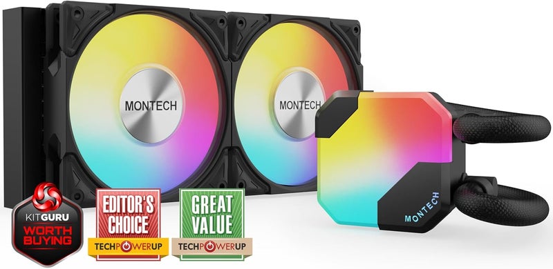 MONTECH HyperFlow ARGB 240 - AIO CPU Liquid Cooler, Intel&AMD Compatible, Chart-Topping Performance, Enhanced 3100RPM Water Pump Design, 3X Metal Pro 12 ARGB Ultimate Cooling Fans - Black - Image 1